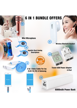 6 In 1 Bundle Offers  Smart powerbank 6000mAh, 2 In 1 Data Cable, Mobile Joystick Dual Analog Smartphone Gaming, Travel USB Power Adapter, 4-Port, Discover 163 Wireless Bluetooth Headset, White, Mini Microphone for mobile phone Mic, SM868